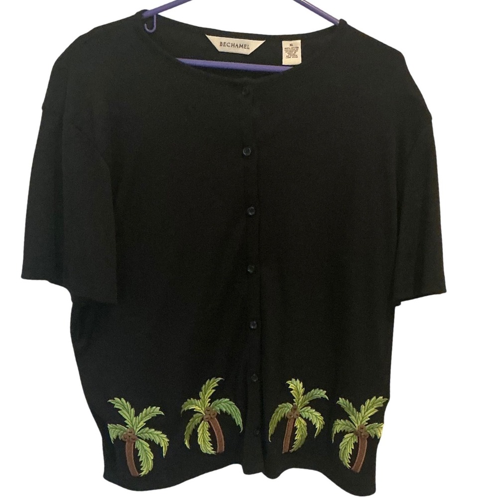 Bechamel‎ Vintage Black Palm Tree Embroidered Cardigan Sweater XL Short Sleeve